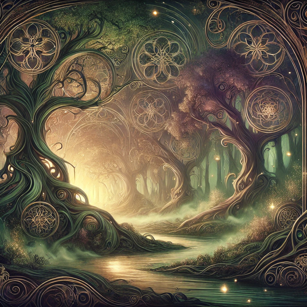 Forêt enchantée avec une rivière lumineuse, des arbres féeriques et des fées scintillantes.