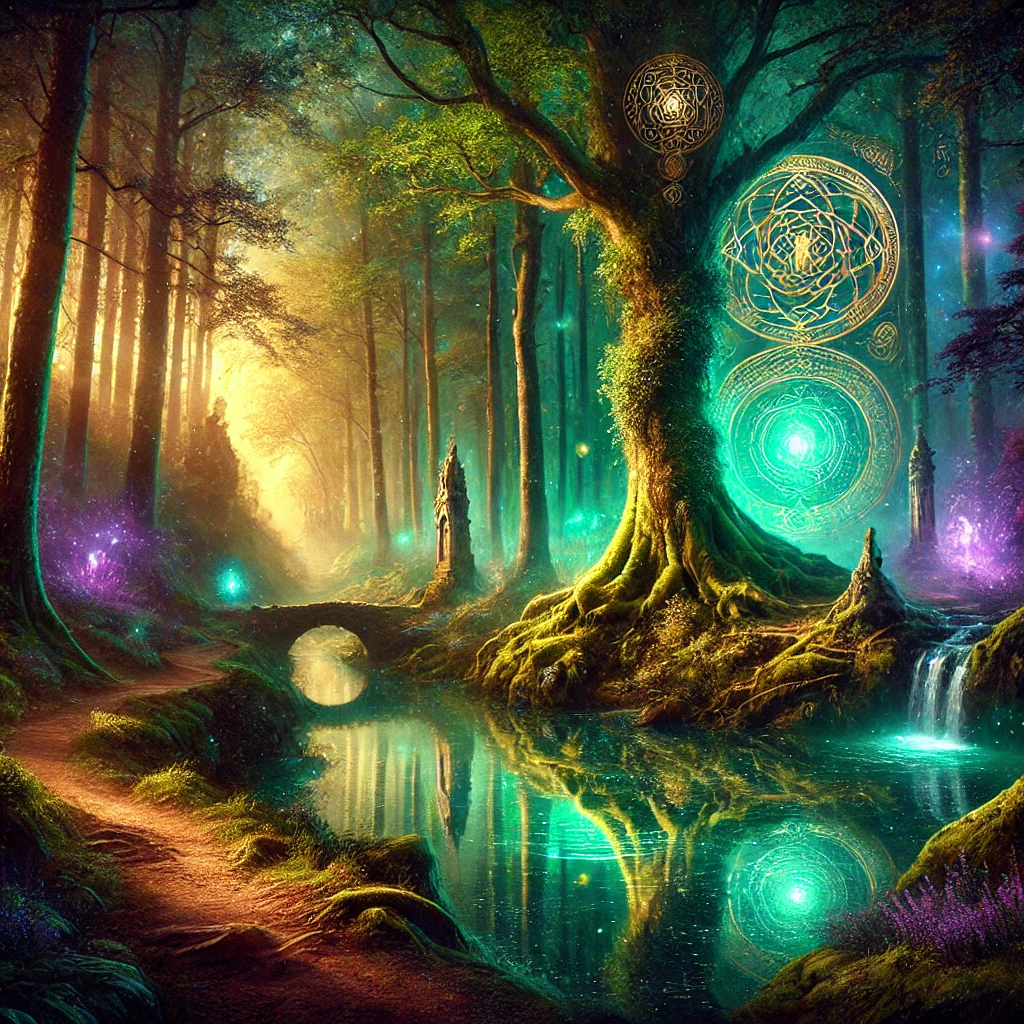 Mystical path through Brocéliande forest with enchanted landmarks, glowing symbols, and magical reflections.