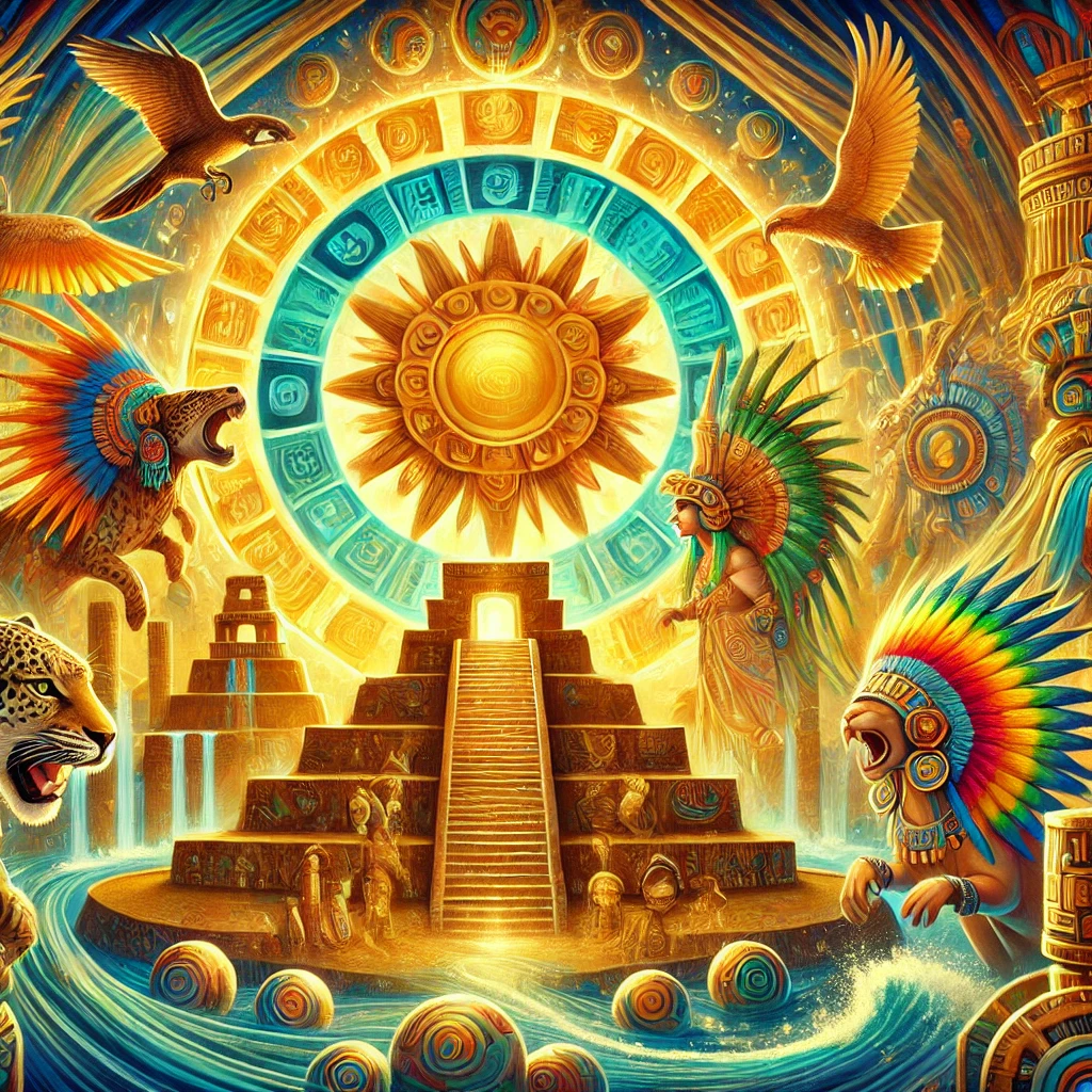 A dreamlike and vibrant scene inspired by Aztec mythology, featuring richly dressed gods in traditional attire, sacred pyramids, and a central sun radiating golden light. The image showcases bright colors—deep blues, warm golds, and lush greens—in a magical and harmonious atmosphere celebrating the cosmic cycle and Mexican culture.