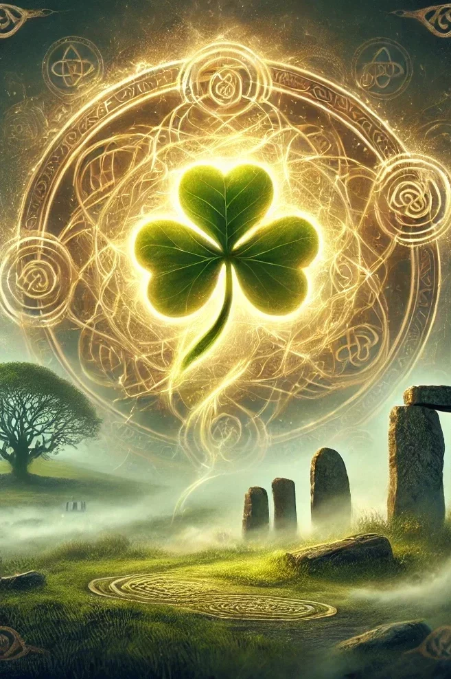 The Legendary Shamrock (Ireland):A mystical illustration of a glowing shamrock surrounded by Irish mist and Celtic symbols.