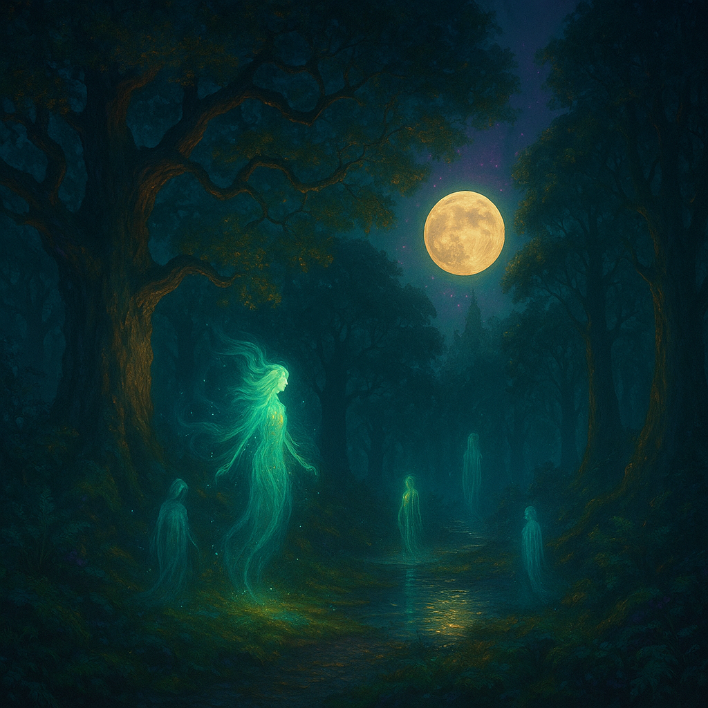 Ethereal spirits glowing in the moonlit forest of Brocéliande, surrounded by ancient trees bathed in shades of gold, violet, pink, and emerald green, representing the mystical guardians of Celtic legend.