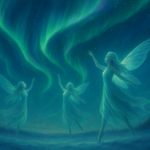 Aurora Fairies dancing within the Northern Lights over an Arctic landscape