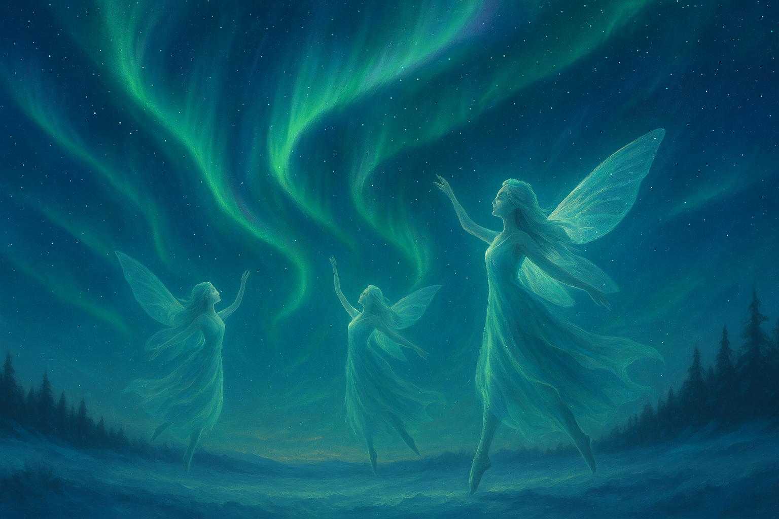 Aurora Fairies dancing within the Northern Lights over an Arctic landscape