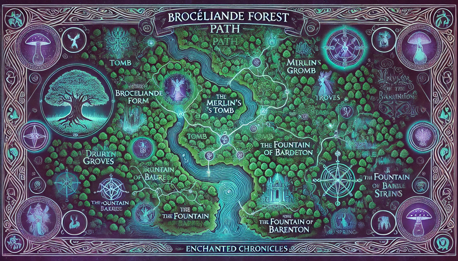 Map of the Mystical Celtic forest of Brocéliande with ancient oaks, glowing mist, and ethereal elemental spirits guarding sacred woodland