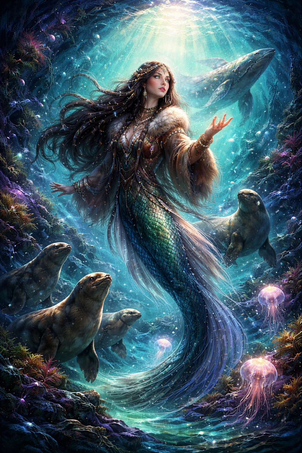 Illustration artistique de Sedna, ancienne déesse inuit de l’océan Arctique, flottant sous l’eau entourée de phoques, d’une baleine et de méduses lumineuses dans des tons émeraude, turquoise et violet.