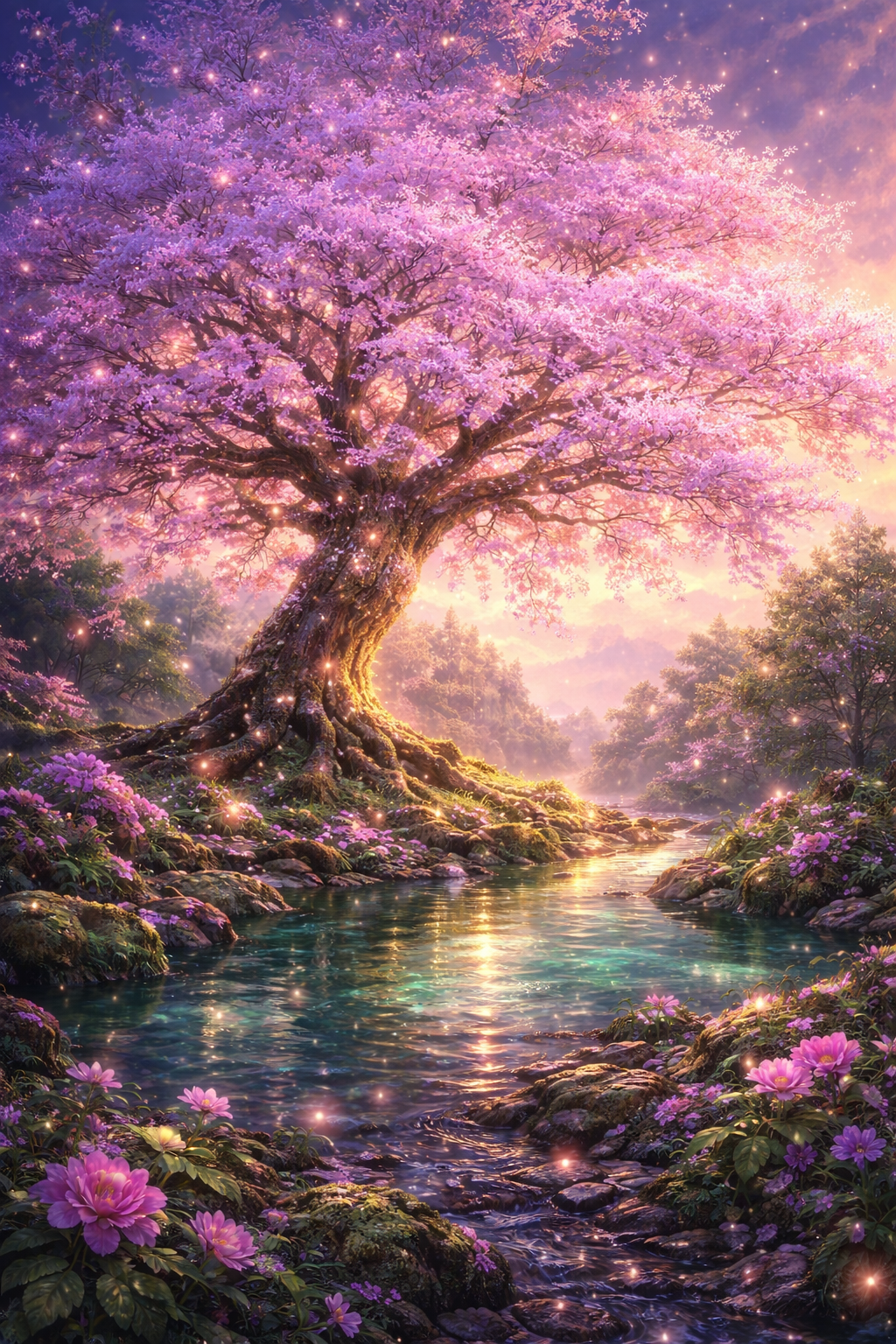 Majestic sakura tree in full bloom glowing with soft pink blossoms beside an emerald river, surrounded by a magical forest landscape with golden light, violet shadows, and delicate fairy-like sparkles in a dreamy fantasy illustration.