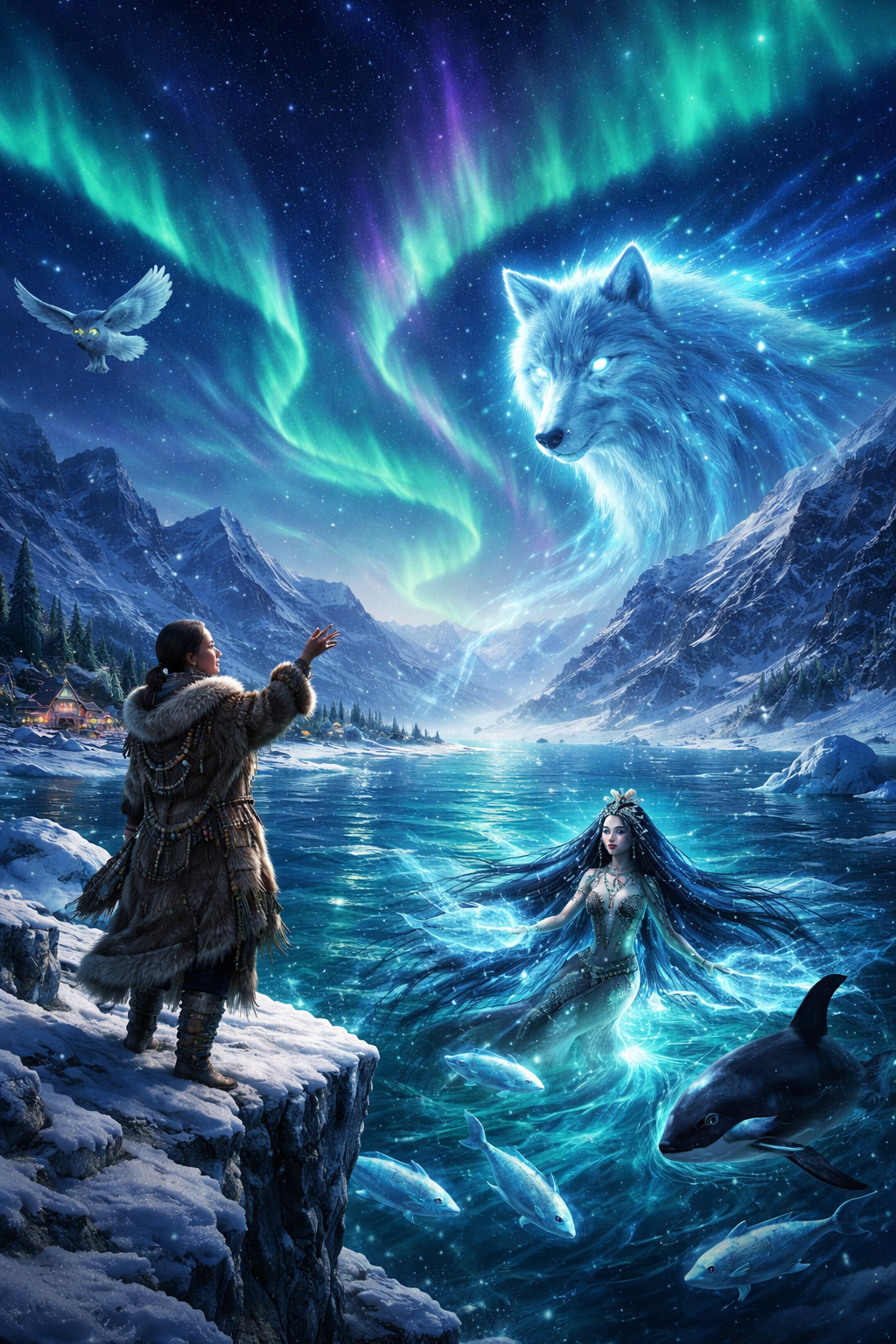 Mystical Arctic night scene with the Northern Lights, a glowing wolf spirit (Amarok) over snowy mountains, and the sea goddess Sedna emerging from icy waters, surrounded by ethereal marine life and a snowy owl flying above.