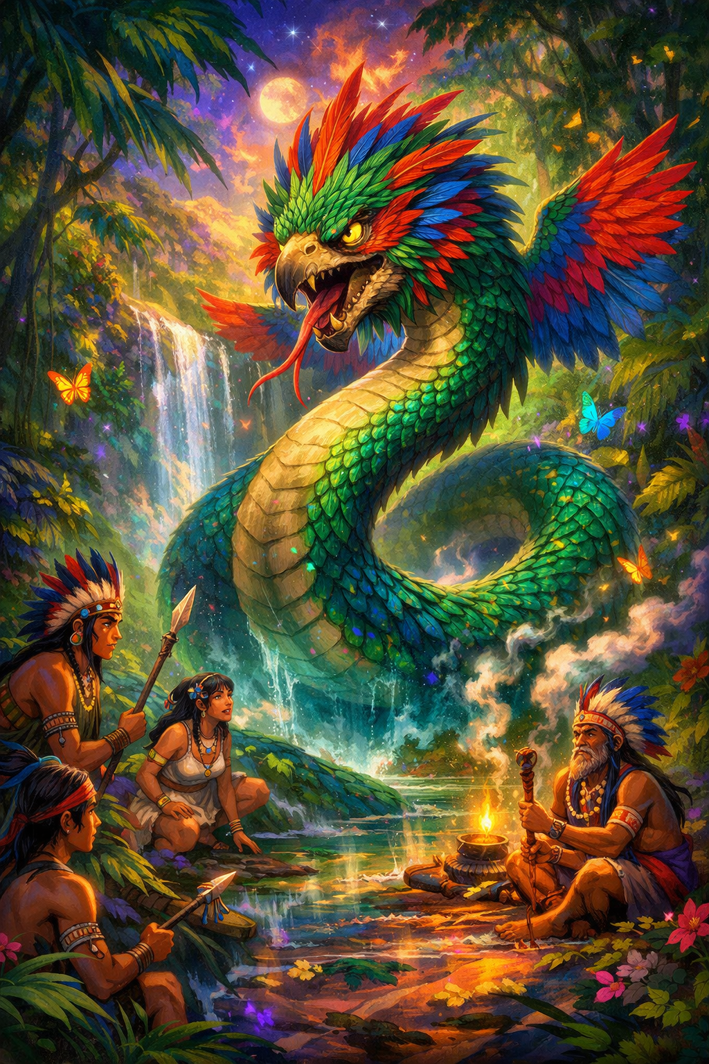 A vibrant fantasy illustration shows the mythical Mboi Tui—a giant serpent with shimmering green scales and the colorful feathered head of a parrot—rising from a jungle pool beneath a waterfall. Its wings and feathers glow in bright reds, blues, and greens as butterflies and magical lights fill the air. In the foreground, several Guarani villagers and warriors with feathered headdresses gather around a small fire by the water, watching the magnificent creature with awe. The lush tropical forest, moonlit sky, and sparkling colors create a mystical, fairy-tale atmosphere.