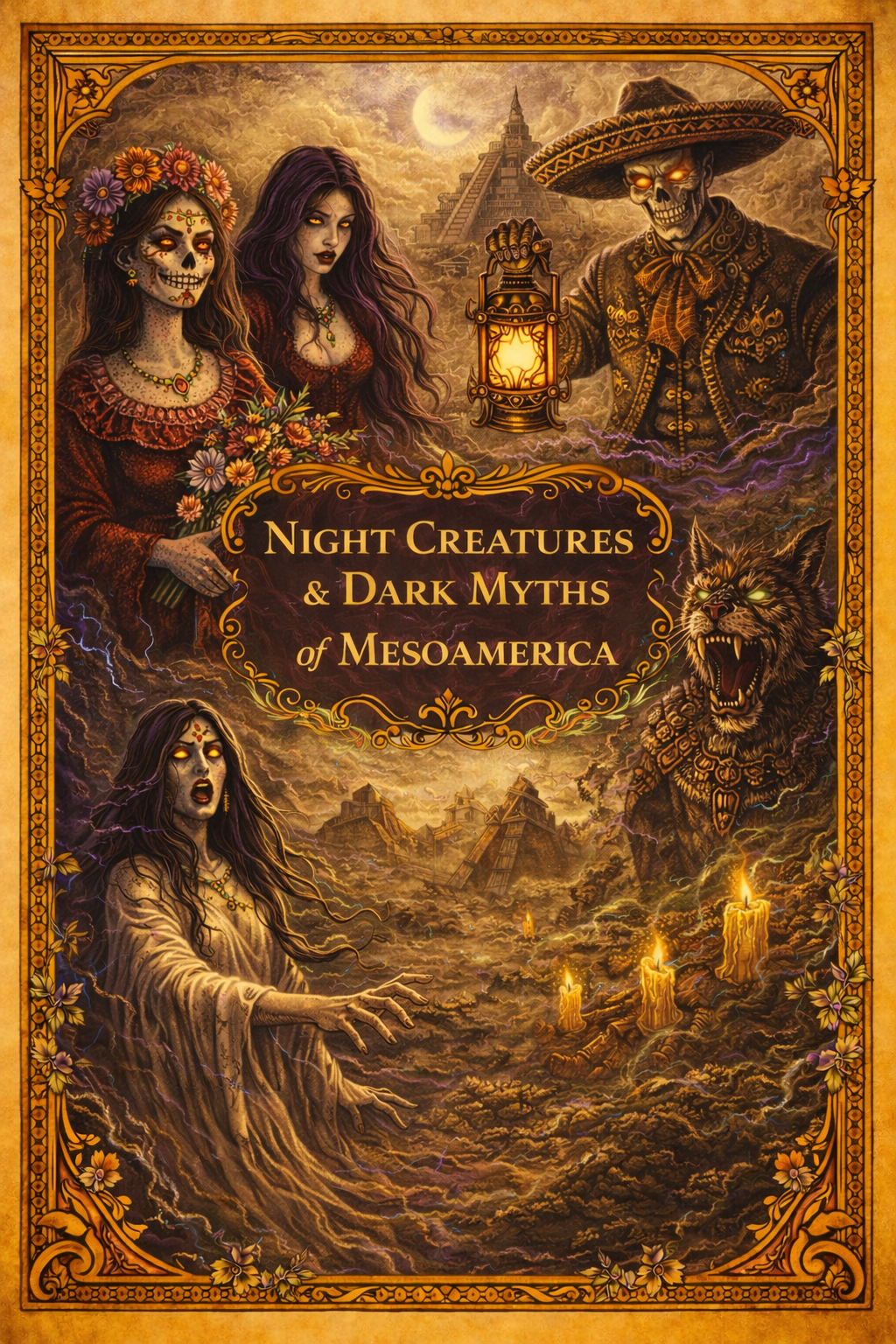 Illustration sombre inspirée des mythes mésoaméricains montrant une Catrina squelette avec fleurs, un esprit féminin, un squelette au sombrero tenant une lanterne, un monstre jaguar et des ruines pyramidales sous la lune, encadrés par un cadre doré avec de légères touches violettes.