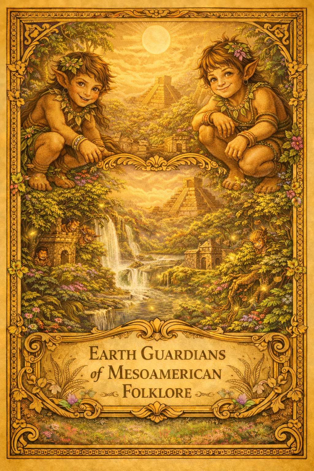 earth guardians in Mesoamerican Mythology Vintage-style vertical illustration framed with ornate Mesoamerican patterns. In the upper half, three mythical earth guardians overlook a sacred jungle landscape: a mischievous Chaneque on the left, a wise Alux in the center holding a faint glowing object, and the wild Curupira on the right with fiery hair and backward feet. Below them stretches a lush forest with rivers and distant ancient ruins, rendered mostly in warm parchment and golden tones with subtle emerald, violet, and pink highlights. The center features a decorative title cartouche reading “Earth Guardians of Mesoamerican Folklore.”