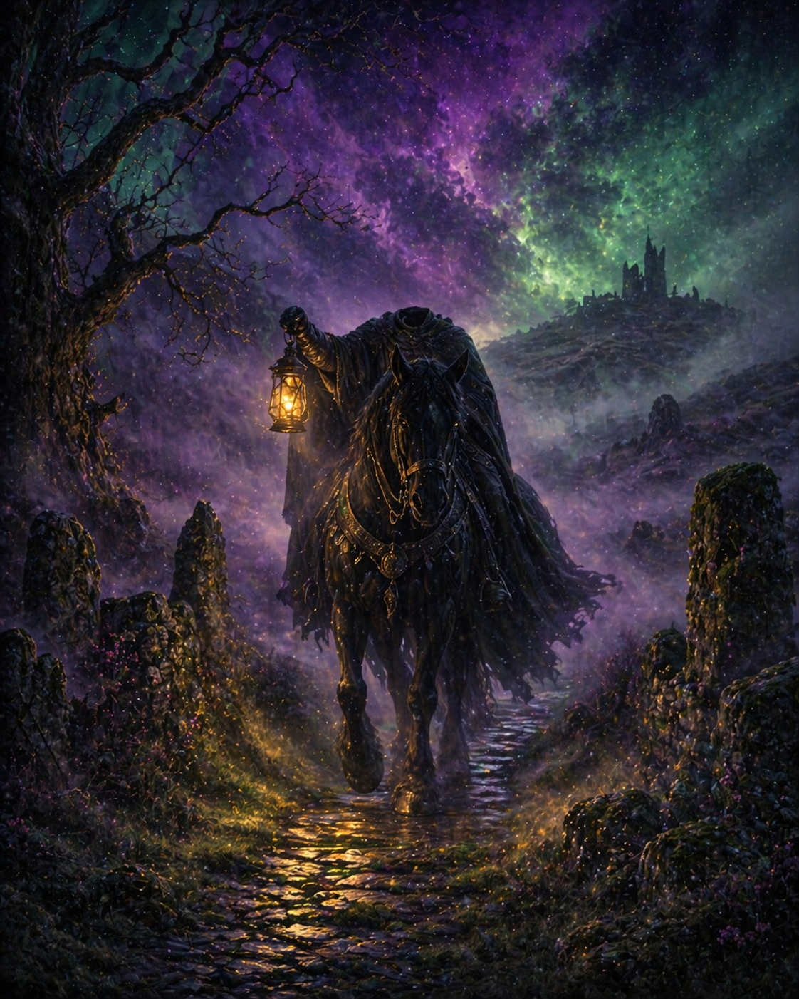 "Mysterious headless rider emerging through emerald and violet mist on an ancient Irish stone path, holding a glowing lantern in a dreamlike night landscape