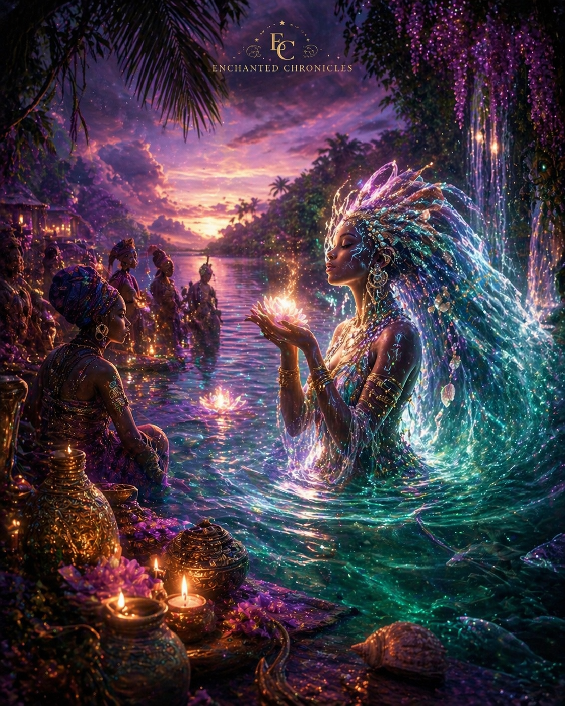 Enchanting depiction of a Jengu water spirit rising from a glowing river at twilight, surrounded by a ceremonial gathering. The ethereal figure shimmers in violet, emerald, gold, and pink hues, holding a radiant light as magical reflections dance across the water and lush tropical landscape.