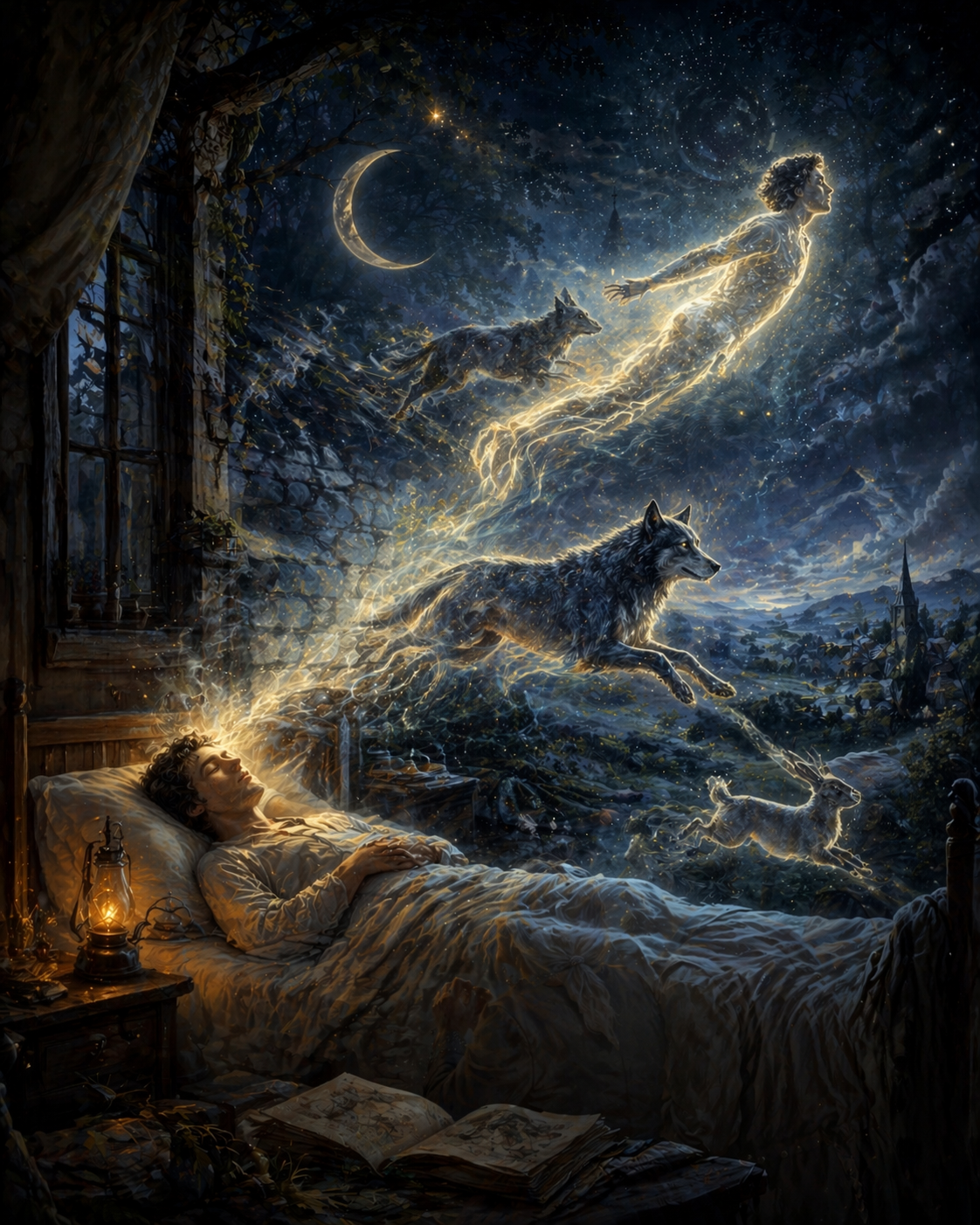 A poetic, dreamlike scene of a young man peacefully asleep in a rustic bedroom, illuminated by soft lantern light and a crescent moon. From his body, a glowing, ethereal form gently rises, transforming into flowing streams of golden light and animal spirits—wolves and hares—running across a star-filled sky above a quiet countryside. The atmosphere feels serene, mystical, and filled with wonder, evoking the sensation of a soul wandering through dreams rather than leaving the body.
