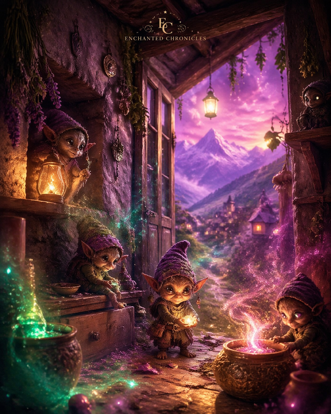 Mystical fantasy illustration of small Mazzamurelli-like house spirits inside a rustic stone home, glowing with magical light in violet, emerald green, gold, and pink tones. The tiny beings interact with enchanted objects while a dreamy Abruzzo mountain village glows in the background under a magical twilight sky.