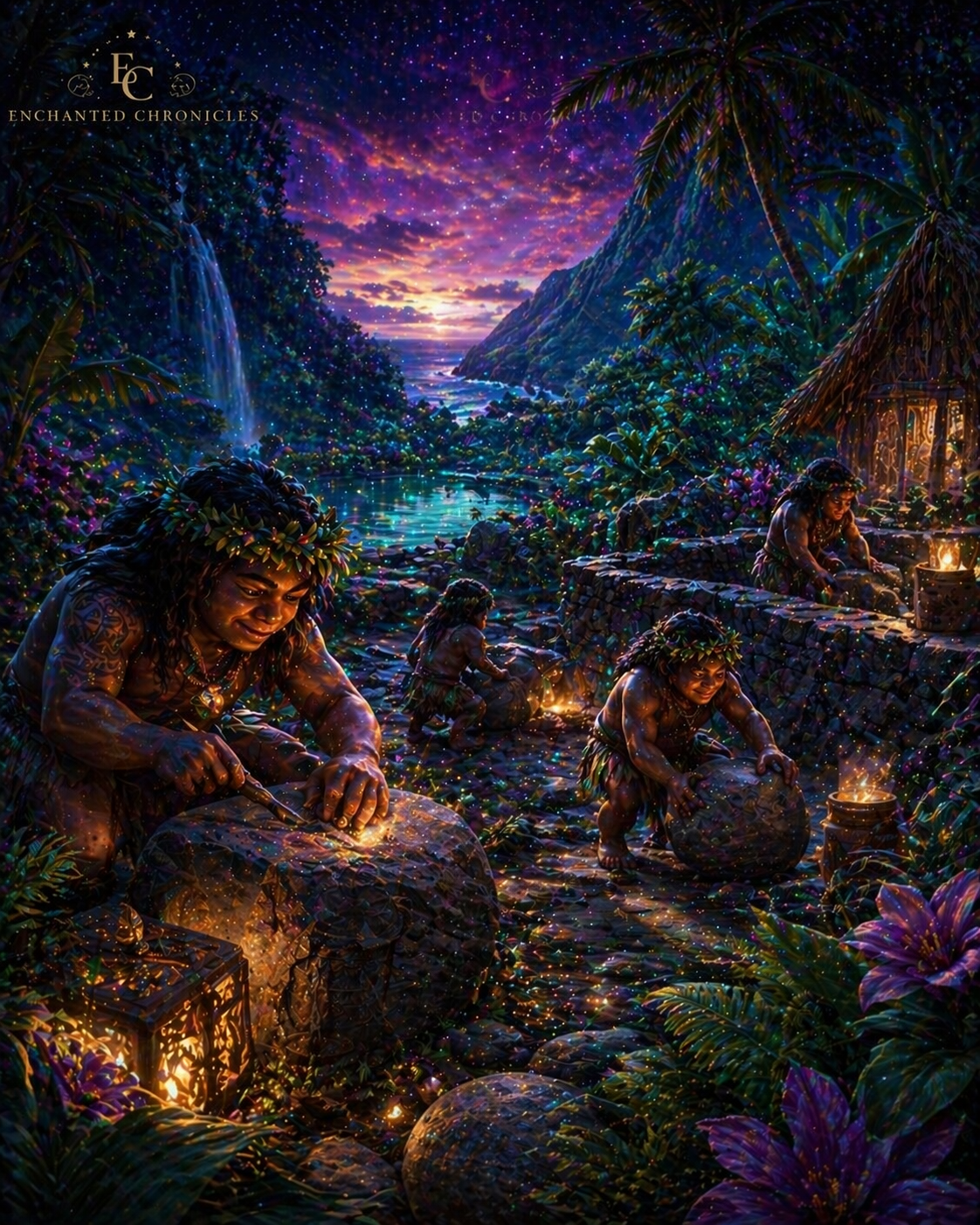 Magical night scene of Menehune, small legendary Hawaiian builders, working together in a lush tropical valley under a glowing violet and gold sky. Surrounded by waterfalls, lantern light, and dense greenery, the tiny figures carve stones and construct ancient structures in a mystical, enchanted atmosphere.