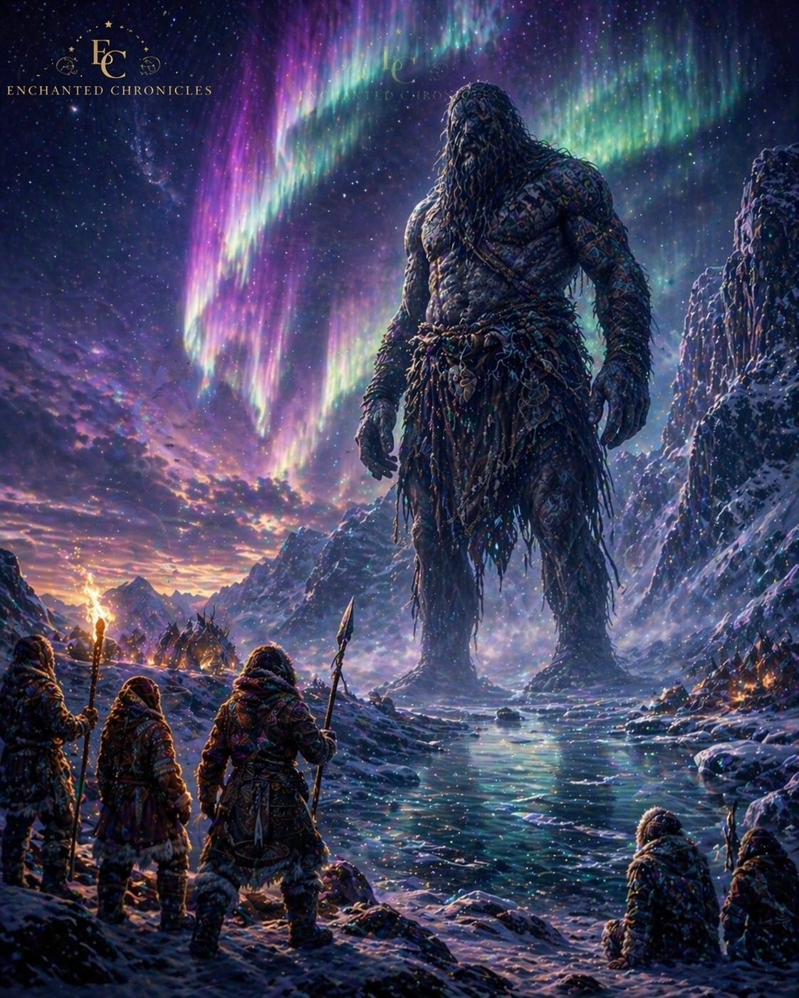 Epic fantasy illustration of a towering Tornit giant standing in a frozen Arctic landscape beneath vibrant aurora borealis, facing Inuit hunters in fur clothing. The scene glows with mystical violet, emerald, and icy blue tones, capturing a magical and ancient encounter in the snow.