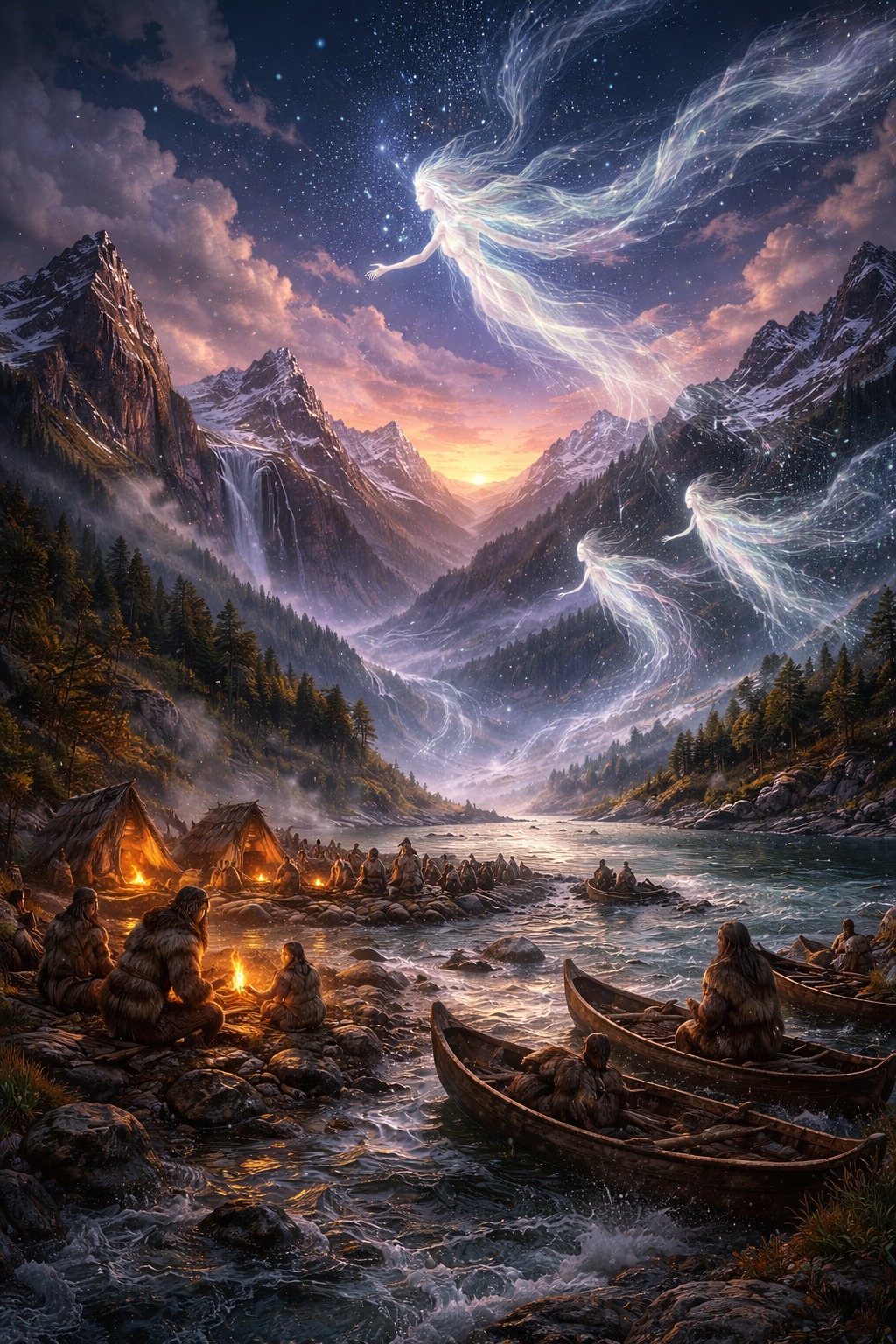 Yamana winds in the Andes V1 A breathtaking Andean valley at twilight, with a shimmering river winding through dark forests and snow-capped mountains. In the star-filled sky, large luminous, ethereal figures resembling wind spirits drift and flow like trails of light. In the foreground, an Indigenous camp is set along the rocky riverbank, with people gathered around warm fires and canoes resting by the water. The scene conveys a mystical atmosphere where the grandeur of nature and unseen forces exist in harmony.