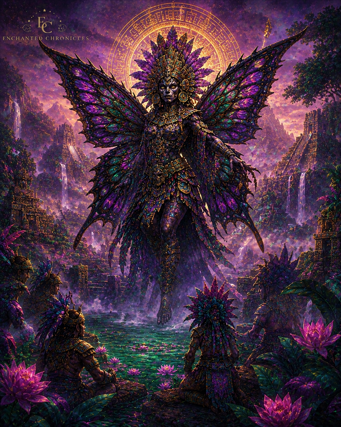 Itzpapalotl: The Obsidian Butterfly of Warrior Spirits Dark fantasy illustration of Itzpapalotl, the Obsidian Butterfly from Aztec mythology, with glowing obsidian wings, skeletal features, and celestial warrior symbolism beneath a cosmic night sky.