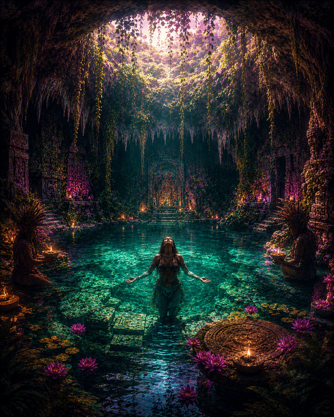 Mystical fantasy illustration of a glowing sacred cenote hidden in the Yucatán jungle at night, surrounded by ancient Maya ruins, emerald vegetation, golden torchlight, violet skies, and supernatural mist in a cinematic non-photorealistic style.