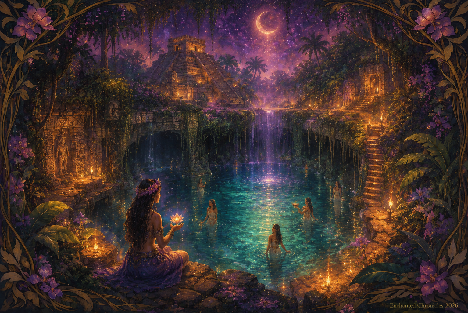 Mystical fantasy illustration of a glowing sacred cenote hidden in the Yucatán jungle at night, surrounded by ancient Maya ruins, emerald vegetation, golden torchlight, violet skies, and supernatural mist in a cinematic non-photorealistic style.