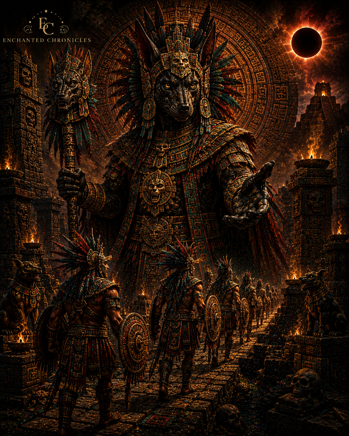 Xolotl, the Aztec dog-head Dark fantasy illustration of Xolotl, the Aztec dog-headed god of the underworld, guiding glowing souls through the shadowy realm of Mictlan beneath a blood-red sky.