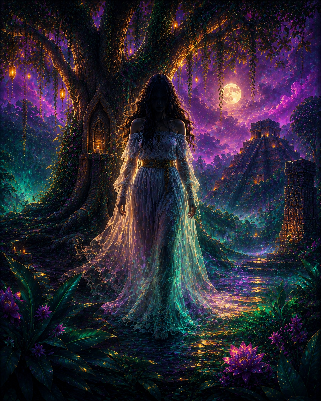 A mystical fantasy illustration of the Xtabay standing beneath a giant ceiba tree in a glowing jungle at night, surrounded by mist, ancient Maya ruins, emerald vegetation, and purple moonlit skies in a cinematic non-photorealistic style.
