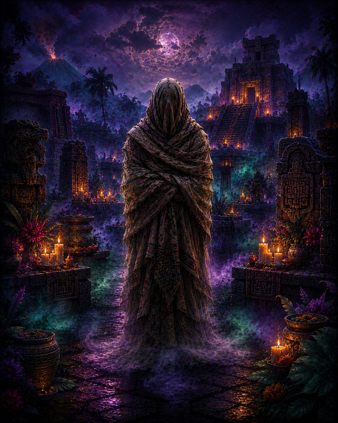 Tlacanexquimilli — The Wrapped Ghost of Ancient Mexico Mystical fantasy illustration of the Tlacanexquimilli, a ghostly figure wrapped in ancient funeral cloth, standing in an Aztec ceremonial courtyard at night. Surrounded by pyramids, candles, carved stone monuments, emerald mist, and glowing violet skies, the scene evokes forgotten Mesoamerican folklore in a magical and cinematic style.
