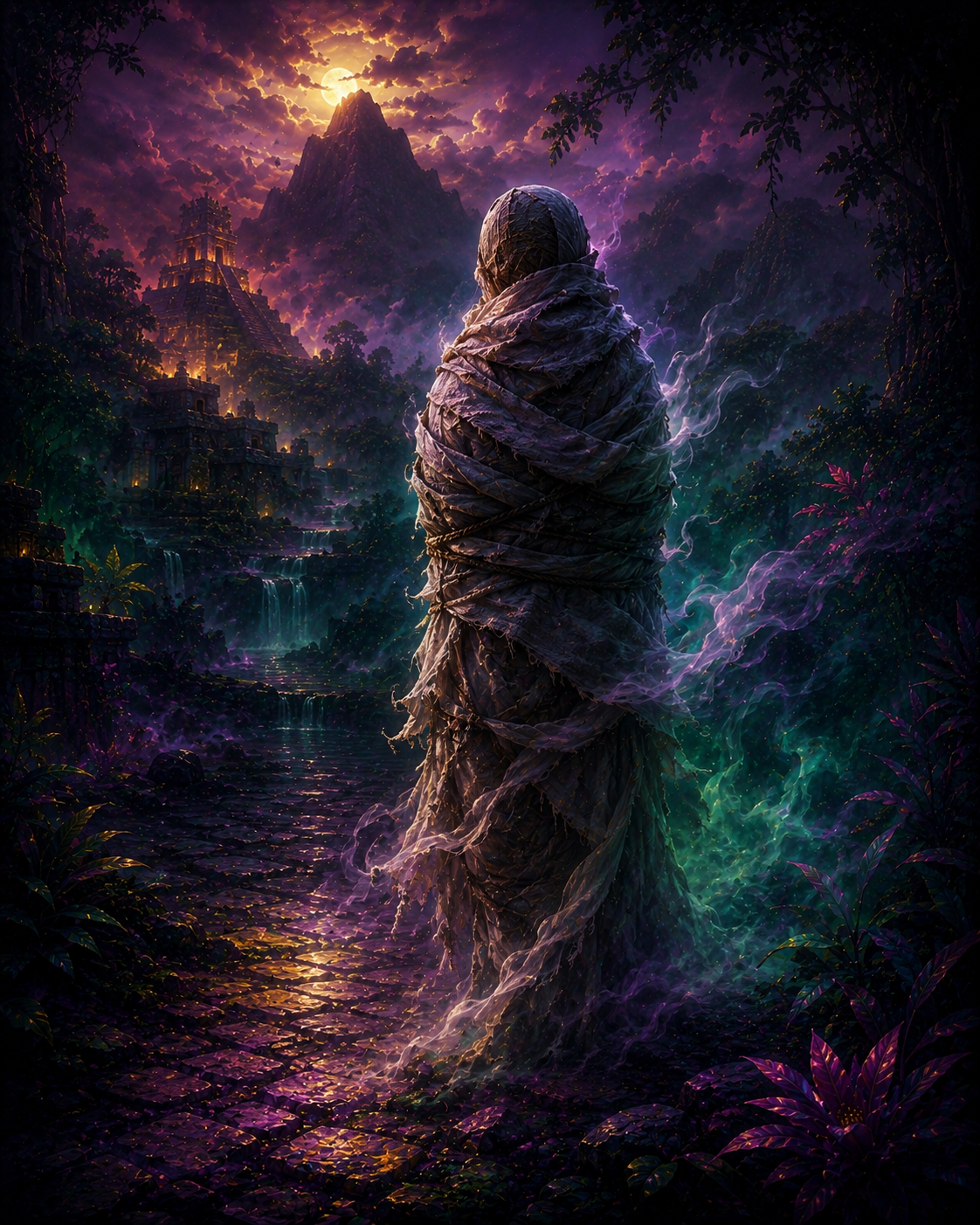 Mystical fantasy illustration of the Tlacanexquimilli, a ghostly figure wrapped in ancient funeral cloth, standing in an Aztec ceremonial courtyard at night. Surrounded by pyramids, candles, carved stone monuments, emerald mist, and glowing violet skies, the scene evokes forgotten Mesoamerican folklore in a magical and cinematic style.
